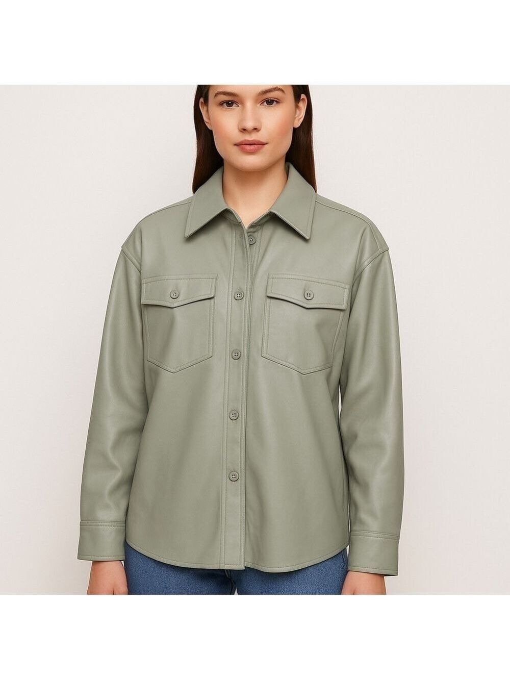Babaton Faux Leather Shirt Jacket in Sage Green - Size M (Style FVL1‑4415‑21)